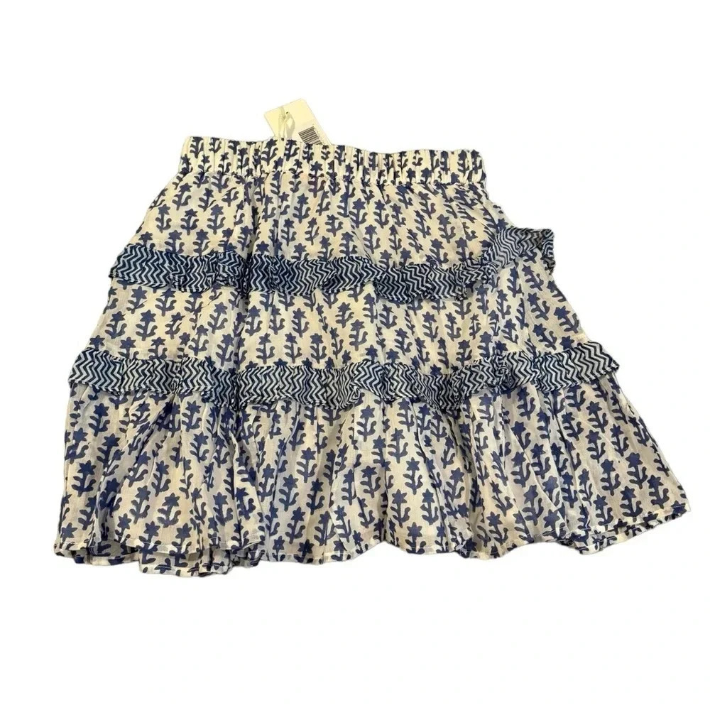 ✨Oliphant Flirty Mini Skirt Flora Blue White Ruffle‎ Tiered Boho NWT S✨